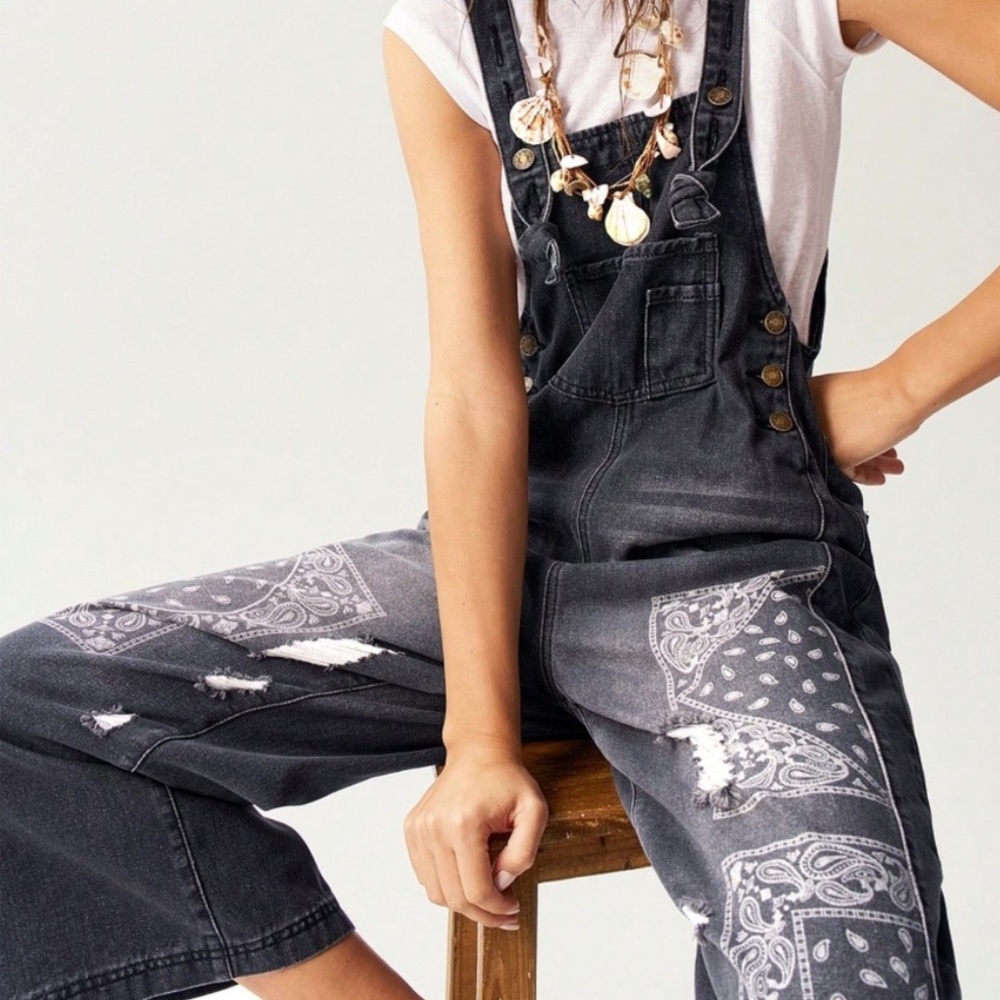 Easel Black Denim Overalls w/ Paisley Print